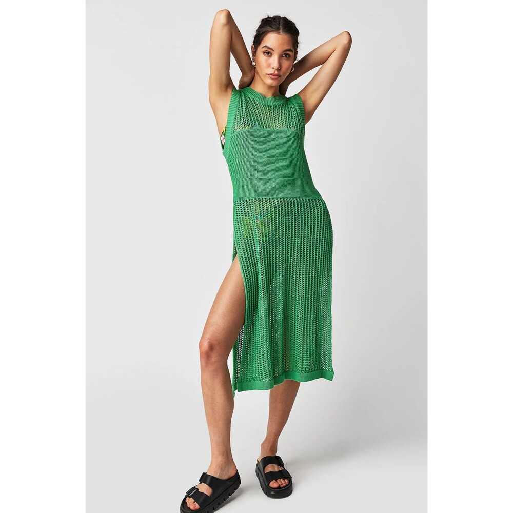Free People Cover Up Sweater Dress One Size Green Crochet Knit Sleeveless Midi